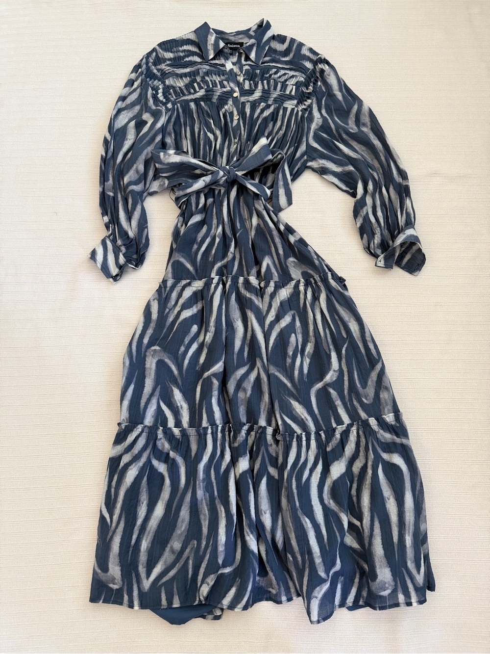 En Saison Blue Zebra Stripe Pleated Midi Dress with Tie Waist Size XS